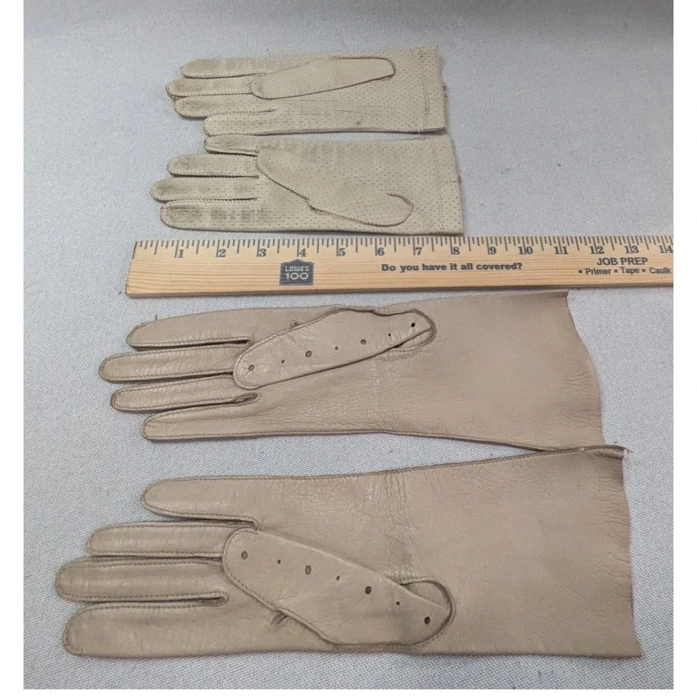 Leather Gloves Women SM Cream Tan Fair Vintage Perforated 2 Pair Set